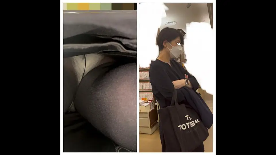【逆さ撮り3人収録】ショートカットの美人お姉さん　黒スト越しのパンツ晒される※2カメ撮影【素人盗撮】